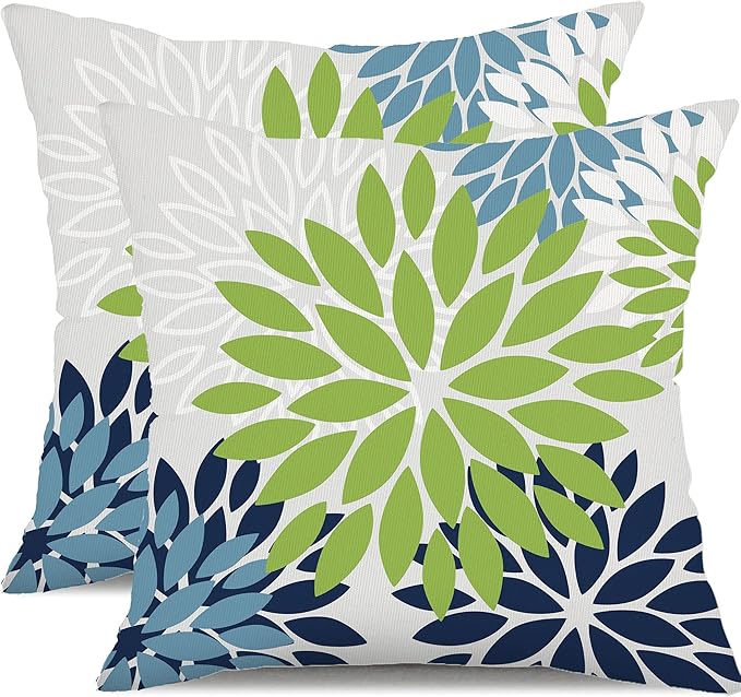 DFXSZ Green Blue Flower Pillow Covers 20x20 Inch Set of 2 White Gray Colored Throw Pillows Outdoor Waterproof Decor for Living Room Sofa Patio Funiture Garden Floral Polyester Pillow Covers 002K20