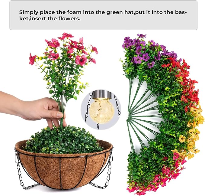 Artificial Faux Hanging Plants Flowers Basket for Summer Outdoor Outside Decorations,Fake Silk UV Resistant Look Real,Realistic Ferns for Outdoors for Porch Garden Decor,12 Bundles (Blue Red Purple)
