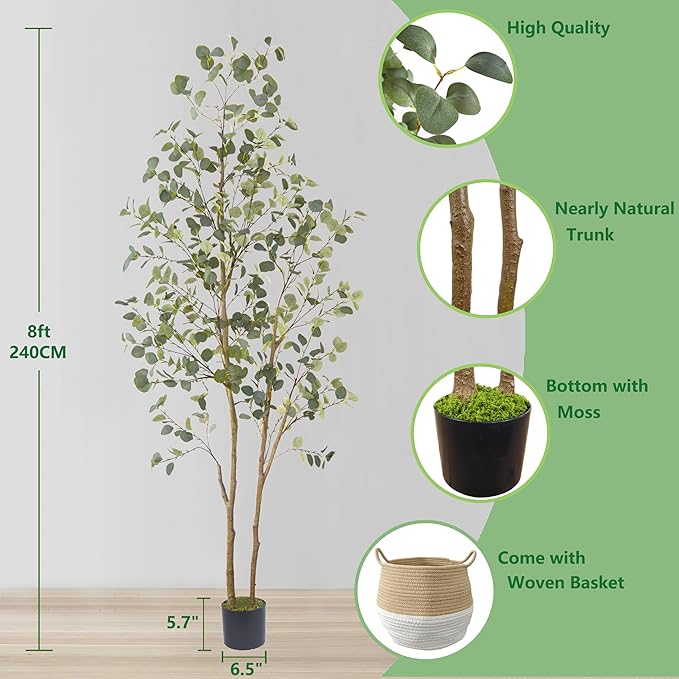 Artificial Eucalyptus Tree, 8ft Large Fake Silk Leaves Eucalyptus Plant with Basket, 96” Faux Tree for Home Office Livingroom Floor Decor Indoor Outdoor