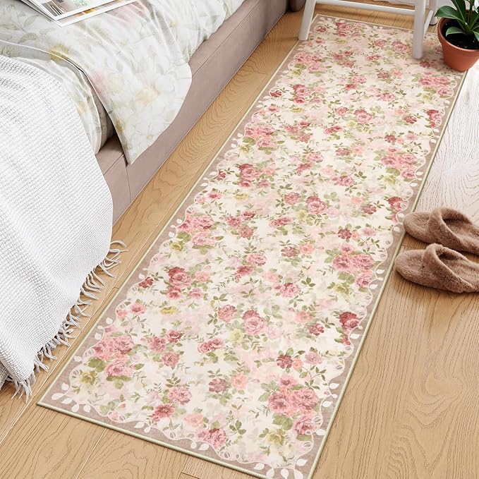 Lahome Floral Runners for Hallways Non Slip, 2x6 Washable Kitchen Runner Rug, Soft Boho Throw Carpet for Girls Bedside Bedroom Laundry Bathroom Nina Beige/Pink/Multi