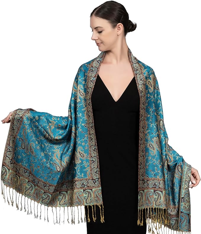 Achillea Reversible Paisley Pashmina Rave Scarf – Exotic Indian Shawls and Wraps for Evening Dresses, Festivals, All Seasons