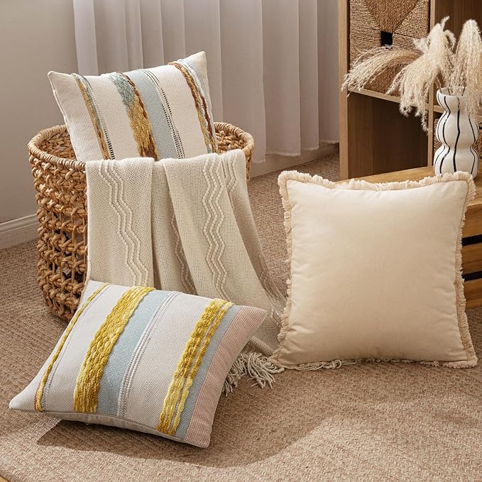 ANRODUO Pack of 2 Boho Decorative Throw Pillow Covers 26x26 Farmhouse Cushion Case Striped Chenille Pillow Cases Square Pillow Covers Accent Neutral Pillowcase for Sofa Couch Bed, Blue-Earth Tones