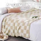 WRENSONGE Checkered Throw Blanket, Beige Soft Cozy Fluffy Warm Hand Made Throw Blankets for Couch, Sofa, Chair, Bed, Camping, Picnic, Travel Lightweight Bed Blanket - 50"*70"