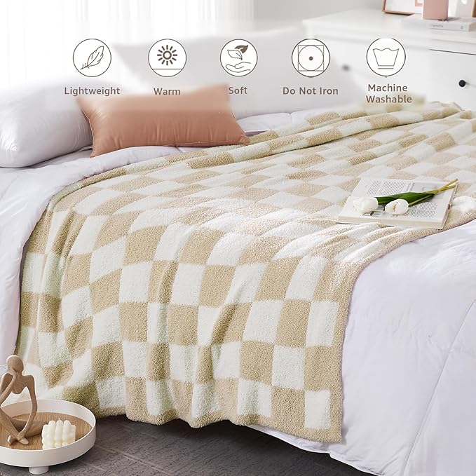 WRENSONGE Checkered Throw Blanket, Beige Soft Cozy Fluffy Warm Hand Made Throw Blankets for Couch, Sofa, Chair, Bed, Camping, Picnic, Travel Lightweight Bed Blanket - 50"*60"