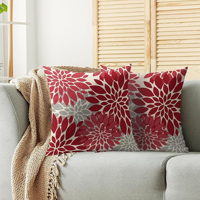 Red Christmas Pillow Covers 24X24 Inch Set of 2, Dahlia Flower Spring Summer Floral Cream Decorative Throw Pillow Covers Outdoor Modern Farmhouse Cushion Case for Home Couch Sofa Bed Decor