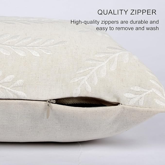 Embroidered Throw Pillow Cover 12x 20, Classical Boho Leaves Natural Linen Pillow Cushion Case, Farmhouse Home Decor for Outdoor Couch Bedroom Car White