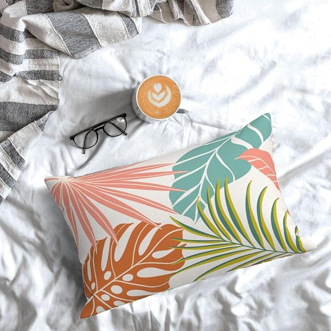 Summer Tropical Pillow Covers 12x20 Set of 2, Monstera Palm Leaf Pillowcase Green Orange Botanical Coral Summer Throw Pillows Outdoor Decor Farmhouse Cushion Case Linen Decorative for Home