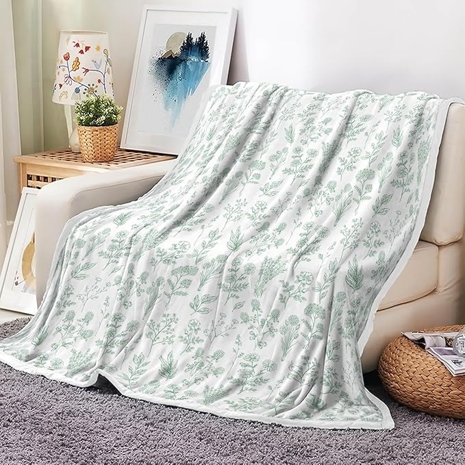 Floral Fuzzy Blanket Green Floral Throw Blanket, Botanical Flowers Blankets, Soft, Flannel, Warm, Boho Flowers Bed Blankets All Season for Couch Bedroom Living Room 60X70 Inch