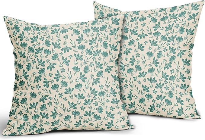 Aqua Floral Pillow Covers 16x16 Set of 2 Vintage Rustic Old Style Cute Small Flower Teal Cream Print Decorative Outdoor Pillowcases Farmhouse Throw Cushion Case Decor for Couch Sofa Bed
