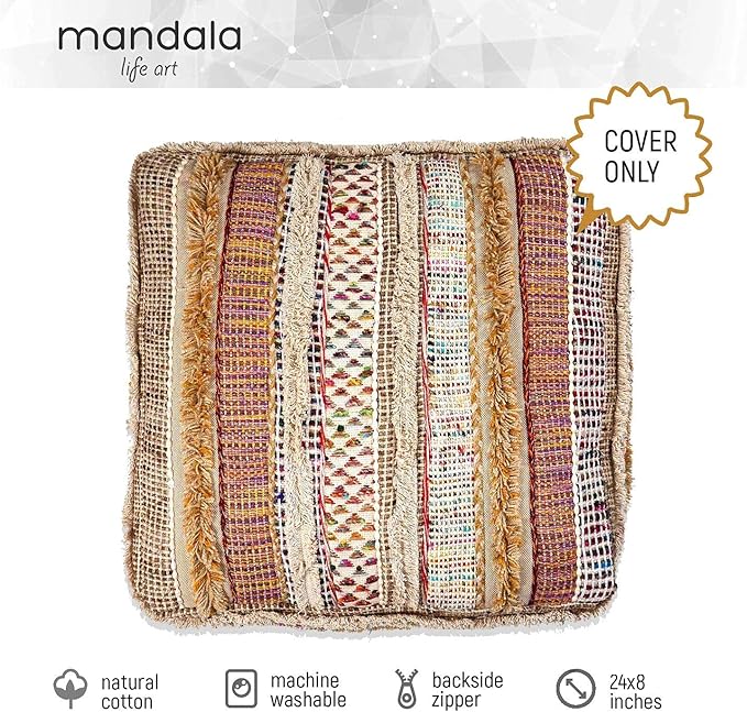 Mandala Life ART Bohemian Floor Cushion Cover - Pure Wool and Cotton Mix - 24x24x8 inches -Filler not Included - Artisan Hand Embroidery Patch Work - Boho Chic Luxury Moroccan Pouf Cover