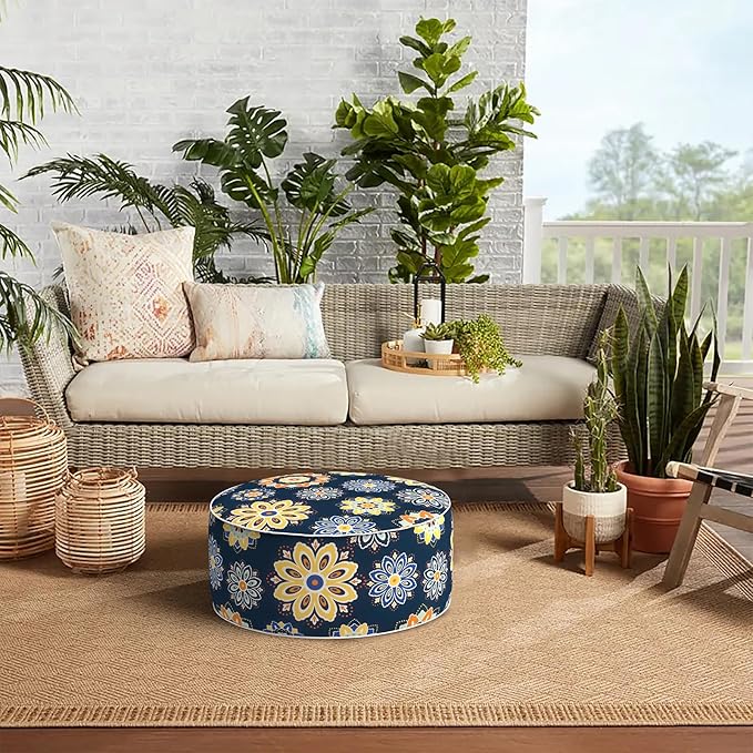 Indoor/Outdoor Inflatable Ottoman with Handle, Decorative Fade-Resistant Round Footstool D21 x H9 inch, Portable Ottoman Pouf for Patio Garden Camping, Bloom Medallion Cobalt