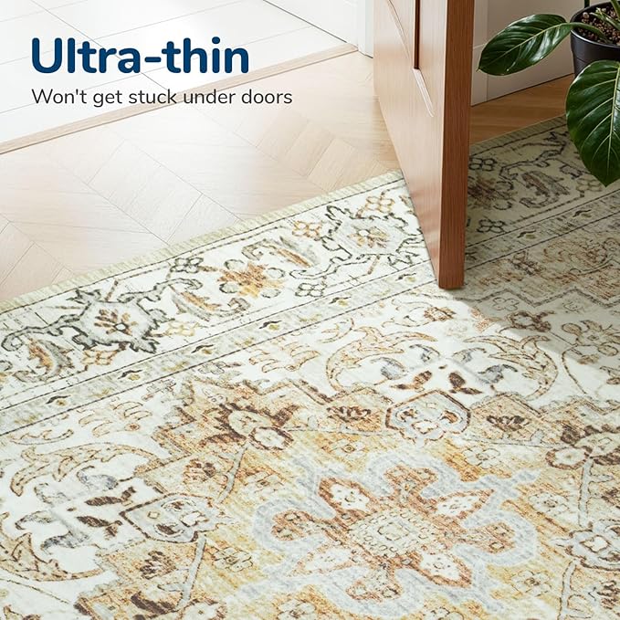 Lessymo 8 x 10 Area Rugs for Living Room, Machine Washable Area Rugs Boho Faux Wool Low Pile Area Rug for Bedroom, Floral Medallion Vintage Rugs with Non-Slip Rubber, Kid & Pet Friendly,Beige