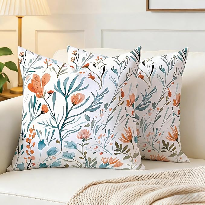 Turquoise Orange Floral Throw Pillows Covers 18x18 in Set of 2, Decorative Teal Orange Flower Square Pillowcase Pillowcovers for Couch Living Room Sofa Bedroom, Boho Cushion Covers, Spring Home Decor