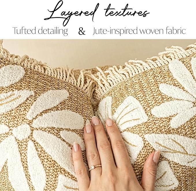 BlissBlush Jute Decorative Spring Accent Throw Pillow Cover 20X20, Neutral Floral Farmhouse Textured Pillowcase for Couch Sofa Living Room, Outdoor Lounge(Cover Only)