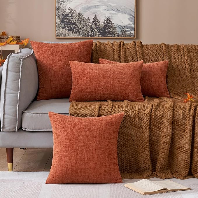 MIULEE Pack of 4 Couch Throw Pillow Covers 18x18 Inch Soft Burnt Orange Chenille Pillow Covers for Sofa Living Room Solid Dyed Pillow Cases