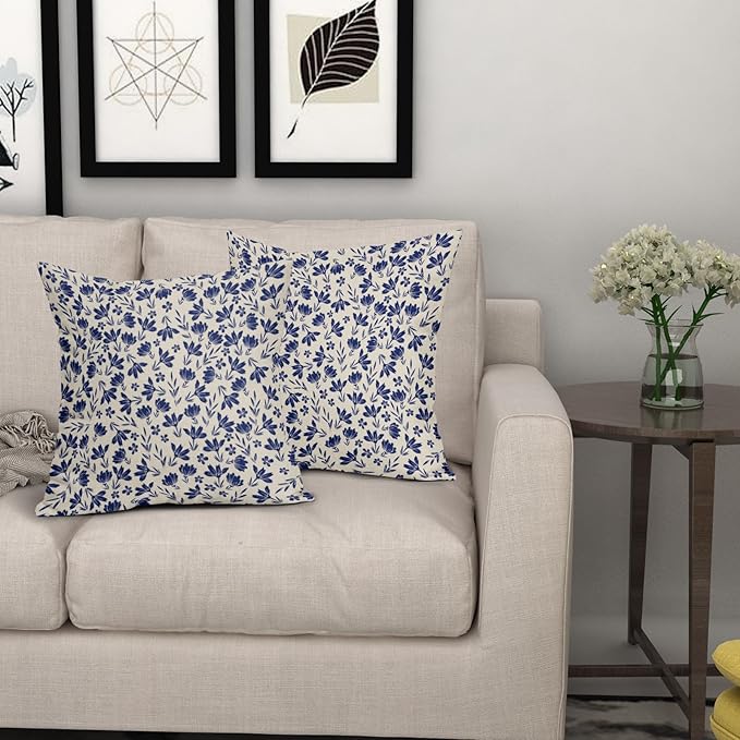 Navy Blue Floral Pillow Covers 16x16 Set of 2 Vintage Rustic Old Style Cute Small Flower Blue Cream Print Decorative Outdoor Pillowcases Farmhouse Throw Cushion Case Decor for Couch Sofa Bed