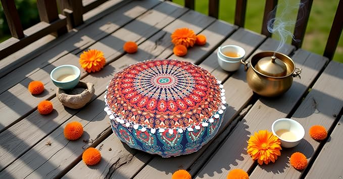 INDIAN CRAFT CASTLE ICC Mandala Barmeri Large Floor Pillow Cover Cushion Meditation Seating Ottoman Throw Cover Hippie Decorative Zipped Bohemian Pouf Ottoman Cases Multi Orange 16" Round
