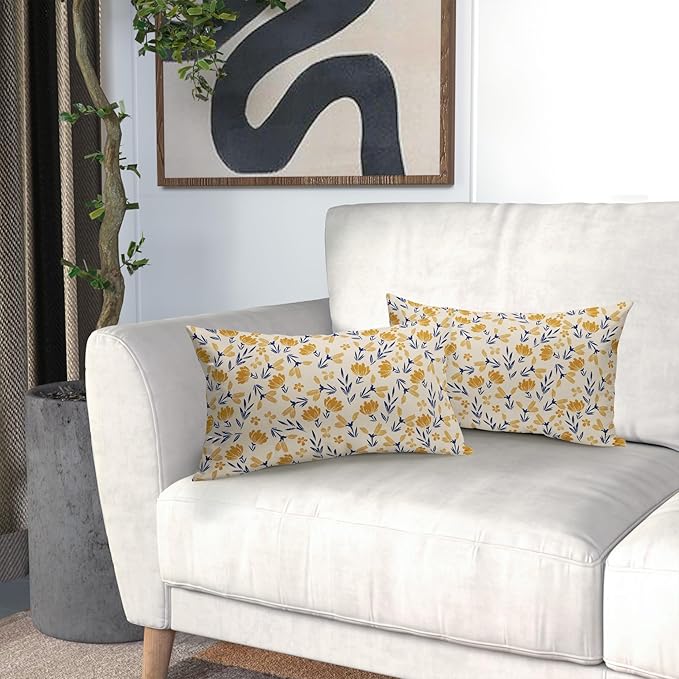 Navy Blue Yellow Floral Pillow Covers 12x20 Set of 2 Vintage Rustic Old Style Cute Small Flower Print Rectangle Decorative Outdoor Pillowcases Farmhouse Throw Cushion Case Decor for Couch Sofa Bed