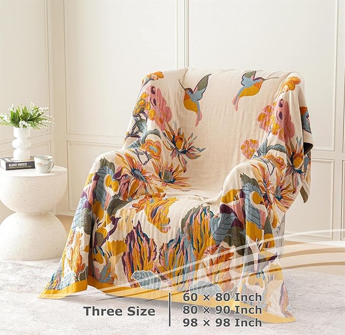 Boho Throw Blanket for Bed 100% Cotton Soft Lightweight Quilt Floral Butterfly Embroidery Home Decor Spring Bed Blankets,98"x98" All Season Reversible Blankets for Sofa Couch Chair