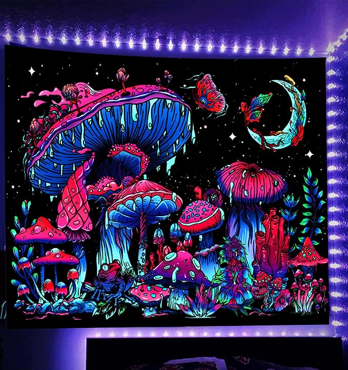 TUGCAY Blacklight Mushroom Tapestry, Glow In The Dark Tapestry Black Light Plant Fantasy UV Reactive Mushroom Butterfly Moon Tapestries Posters Wall Hanging for Bedroom Dorm Decor(60"x80")