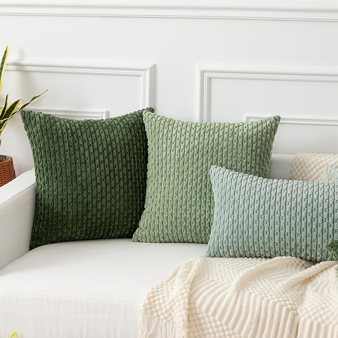 Kevin Textile Spring 16x24 Inch Pillow Cover 1 Pack Boho Decorative Soft Striped Corduroy Lumbar Farmhouse Solid Color Accent Rectangle Cushion Case for Living Room Couch Sofa Bed, Moss Green