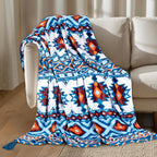 MACEVIA Flannel Boho Blanket for Couch, Country Western Aztec Blankets for Home Decor, Southwestern Colorful Throw Blanket with Tassel, Soft Cozy Bohemian Blanket for Bed (Boho Blue, 50x60inches)