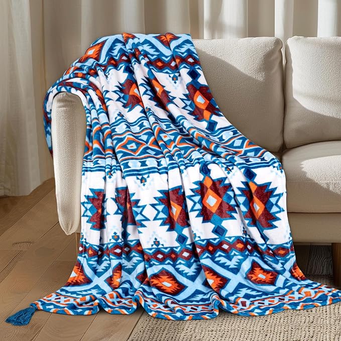 MACEVIA Flannel Boho Blanket for Couch, Country Western Aztec Blankets for Home Decor, Southwestern Colorful Throw Blanket with Tassel, Soft Cozy Bohemian Blanket for Bed (Boho Blue, 50x60inches)