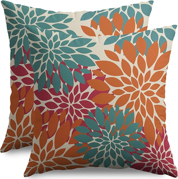 Blue Orange Burgundy Red Pillow Covers 16X16 Inch Set of 2, Spring Modern Geometry Dahlia Floral Decorative Throw Pillow Covers Outdoor Farmhouse Cushion Case for Couch Sofa Bed Decor
