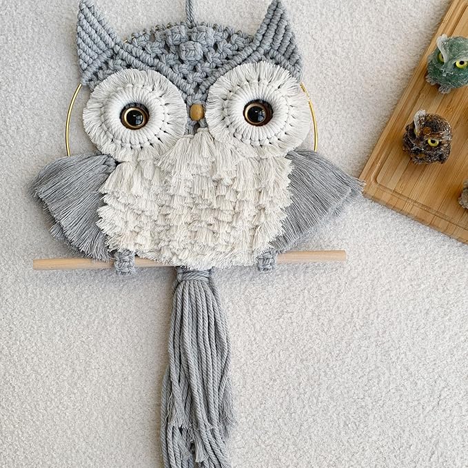 ACEDSGN Macrame Owl Wall Hanging Boho Hippy Decor, Handmade Tapestry Fiber Art Wall Decor for Nursery Bedroom Living Room, Sustainable Gift for Owl Lovers & Nature Fans