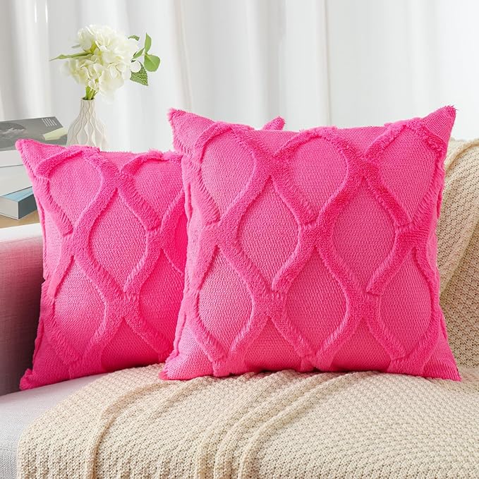 decorUhome Spring Euro Sham Throw Pillow Covers 26x26 Inch Set of 2, Soft Plush Faux Fur Wool Hot Pink Accent Couch Pillow Covers for Modern Farmhouse Bed Sofa Living Room
