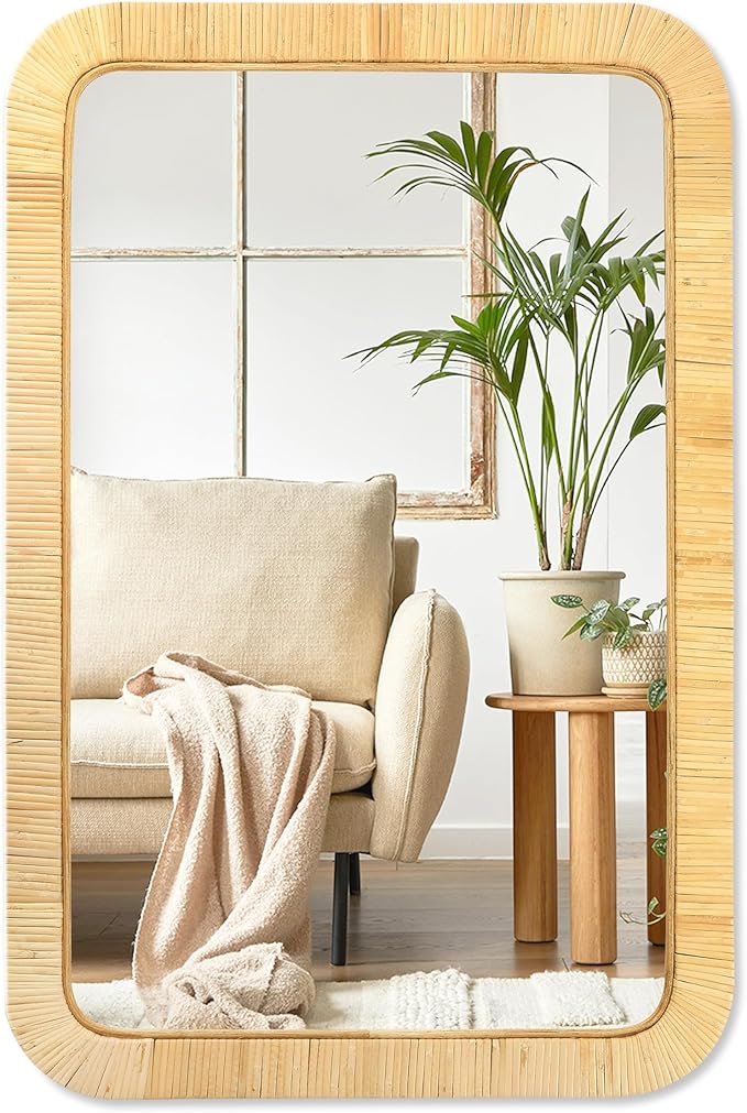 PERFNIQUE Rattan Mirror, 30'' x 20" Rectangle Boho Bathroom Mirror, Decorative Wall Nursery Decor, Rustic Farmhouse Handmade Wicker Mirror for Bathroom Bedroom Entryway Living Room Decor
