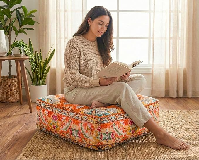 Mandala Life ART Large Yoga Décor Bean Bag Cover Orange Boho Chic Orange Decorative Floor Cushion Moroccan Seating Area Perfect for Living Room, Bedroom, Nursary or Children Room Unstuffed
