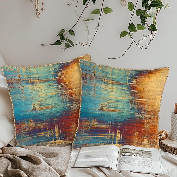 KSLIDS Vintage Abstract Soft Velvet Throw Pillow Covers Set of 2 Blue Orange Messy Rust Painting Decorative Pillow Covers 18x18 Inch Colorful Art Pillow Case for Sofa Couch Living Room Home Decor