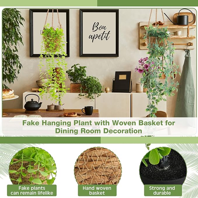 Giegxin Spring Mini Hanging Artificial Plant with Woven Basket Boho Fake Plants Ivy Faux Vines Eucalyptus Leaf for Indoor Home Wall Shelf Decor(6 Set,Green,Artificial Hanging Plants)