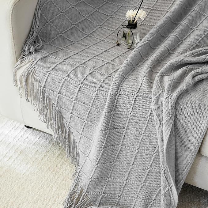 Throw Blanket for Couch Bed, Sofa Knit Blanket Farmhouse Throw for Living Room, Decorative Fall Throw Blanket for Chair, Outdoor Textured Boho Blanket（Grey 51x67In）