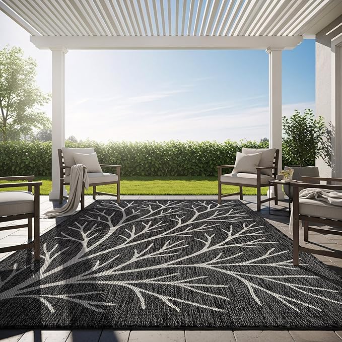 Washable Indoor Outdoor Rug 9x12 Modern Area Rugs Branch Pattern Non Shedding Waterproof Easy Clean Patio Deck Porch Living Room Bedroom Garden RV (9 X 12 Dark Gray)