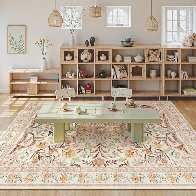 Lahome Sylvie Fall Floral Washable Area Rugs 8x10, Boho Living Room Large Rugs Non-Slip for Bedroom, Soft Rubber Backed Burnt Orange Carpet for Dining Playroom Decor, Ochre Fall
