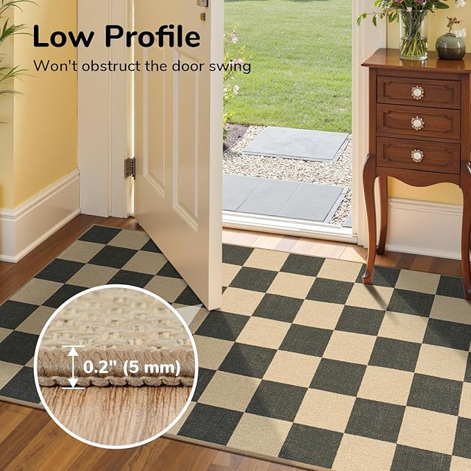 Lessymo Checkered Easy Jute Entryway Rug, 3x5 Washable Area Rugs for Living Room Outdoor Patio, Non Slip Farmhouse Carpet Indoor Door Mat for Entry Front Door Guestroom Deck, Diamond Black/Beige
