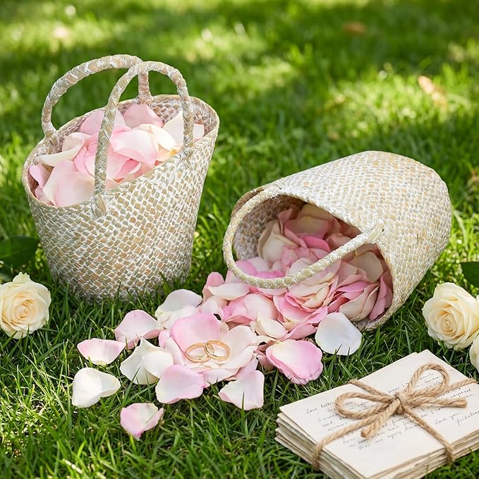 LemonRoad 2 Pcs Flower Girl Basket for Wedding Small Rustic Seagrass Basket with Handle Boho Wedding Flower Storage Farmhouse Decor for Petals Confetti Sweets Gifts 5.12 x 5.51''d (White)