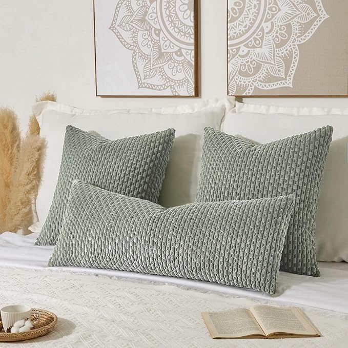 Kevin Textile 14x36 Inch Long Lumbar 1 Pack Boho Decorative Throw Pillow Cover Soft Striped Corduroy Rectangle Cushion Case Farmhouse Solid Color Accent for Living Room Couch Sofa Bed, Greyish Green