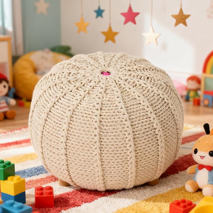 Round Pouf Ottoman, 18" Bordeaux Knitted Cotton Woven Round Pouf, Handmade Woven Bean Bag for Living Room, Floor Bag for Bedrooms, Home, Offices, Sofa Footrest (Beige)