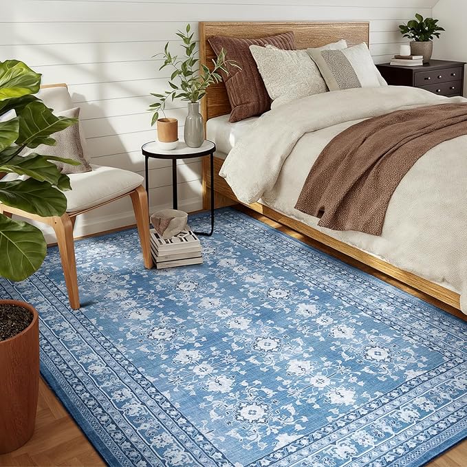 Lessymo 5x7 Area Rugs for Living Room, Machine Washable Non Slip Rug, Soft Low Pile Carpet for Bedroom Dining Home Office, Vintage Blue/White Distressed Floral Floor Mat