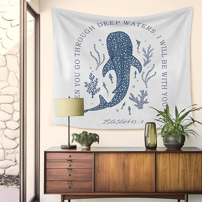 HUGANE Whale Shark Christian Tapestry, Isaiah 43:2 Bible Verse Tapestry Wall Hanging, Religious Bible Scripture Wall Blanket Backdrop Decor for Home Bedroom Living Room, 50x60 Inch
