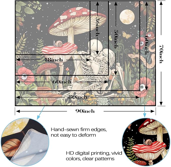Accnicc Mushroom Skull Tapestry Skeleton Lover Floral Plant Tapestries for Bedroom Aesthetic Cool Nature Moon Star Wall Art for Dorm Living Room Decor (Red, 80'' × 60'')