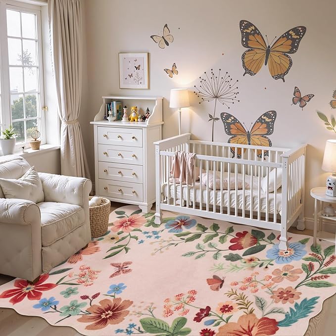 Lahome Floral Washable Rugs, 4X6 Pink Rugs for Bedroom Girls Ultra-Thin Soft Living Room Rug, Non-Slip Stain Resistant Boho Throw Carpet for ‎Nursery Office Flore, Light Pink