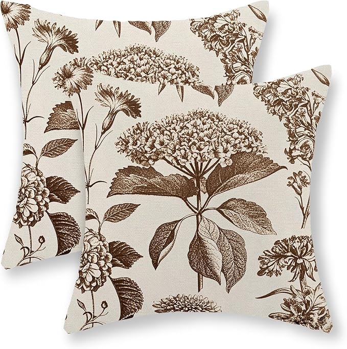 Brown Pillow Covers 18x18 Set of 2 Vintage Boho Floral Hydrangea Herbs Botanical Throw Pillow Cover Outdoor Flower Decorative Pillowcase Linen Farmhouse Cushion Case Decor for Couch Sofa