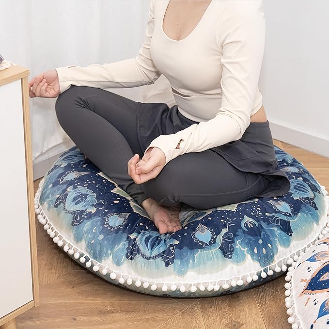 Meditation Cushion Set of 2, 32 Inch Extra Thick Memory Foam Round Floor Pillow with Removable Washable Cover, Bohemian Mandala Yoga Cushion for Adults - Ideal Holiday Decor, Green