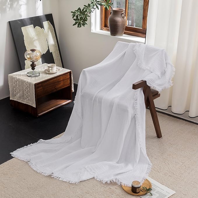 FOSSA Muslin Blanket with Fringe - 4-Layer 100% Cotton Gauze Super Soft & Breathable Throw -Lightweight Decorative Cooling Blanket for Bed, Sofa, Office -Twin XL Size 90" x 66" (Bright White)