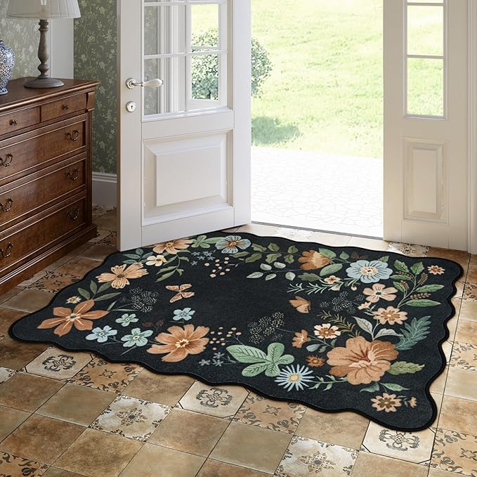 Lahome Floral Machine Washable Rug, 3x5 Rug Non Slip Soft Bedroom Rugs for Entryway Dorm, Ultra-Thin Boho Rugs for Living Room Stain Resistan Flore Carpet for Nursery Entrance, Black/Grey