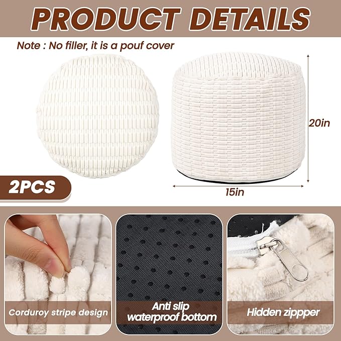 2 Pcs 20 x 15 Inch Unstuffed Ottoman Pouf Cover Corduroy Foot Rest - No Filler, Striped Foot Stool Floor Bean Bag Floor Chair Storage for Modern Farmhouse Bedroom Home Decor(Beige)